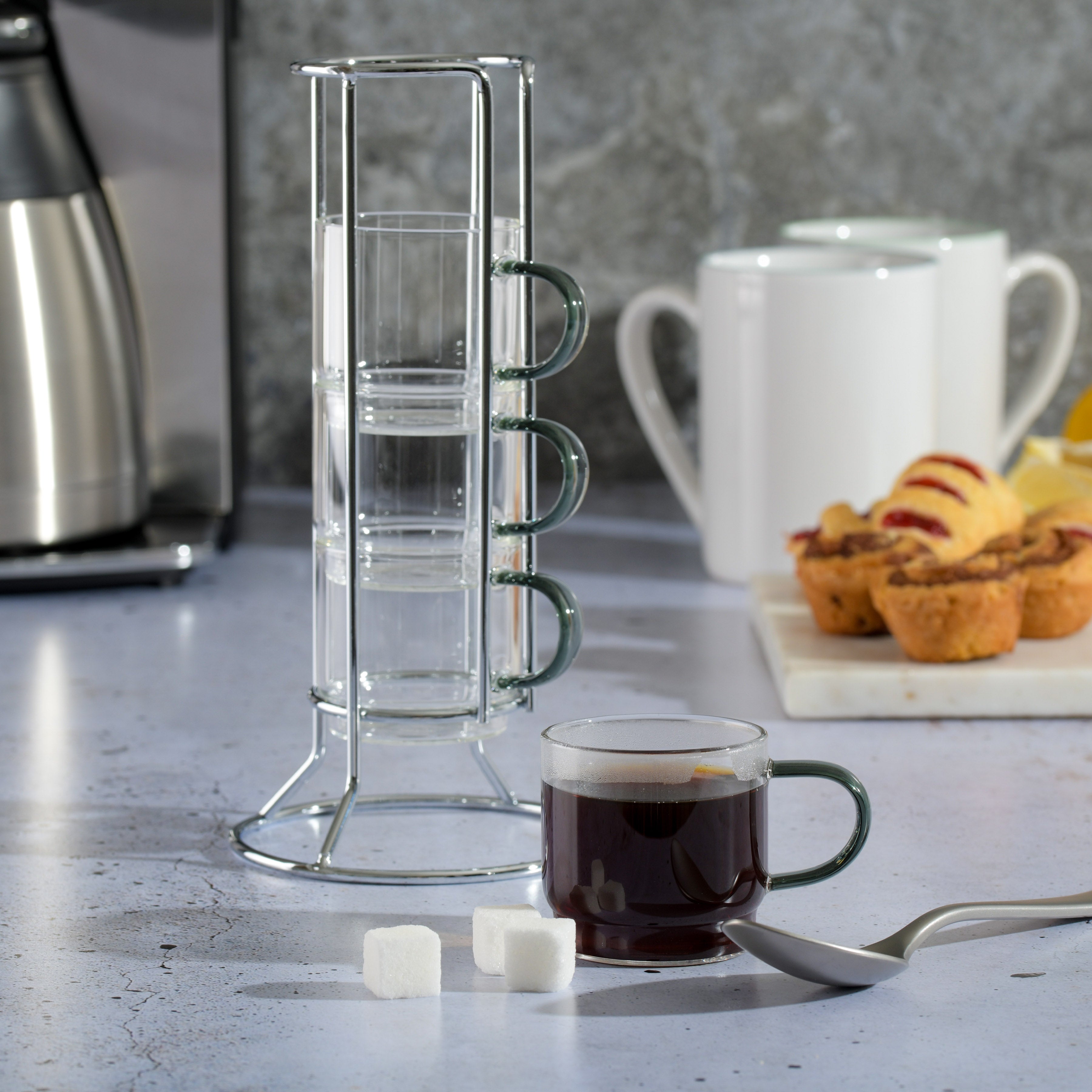 SOHO LOUNGE 4 Piece 16 oz. Stackable Clear Glass Beverage Mugs With Metal  Rack 985119849M - The Home Depot