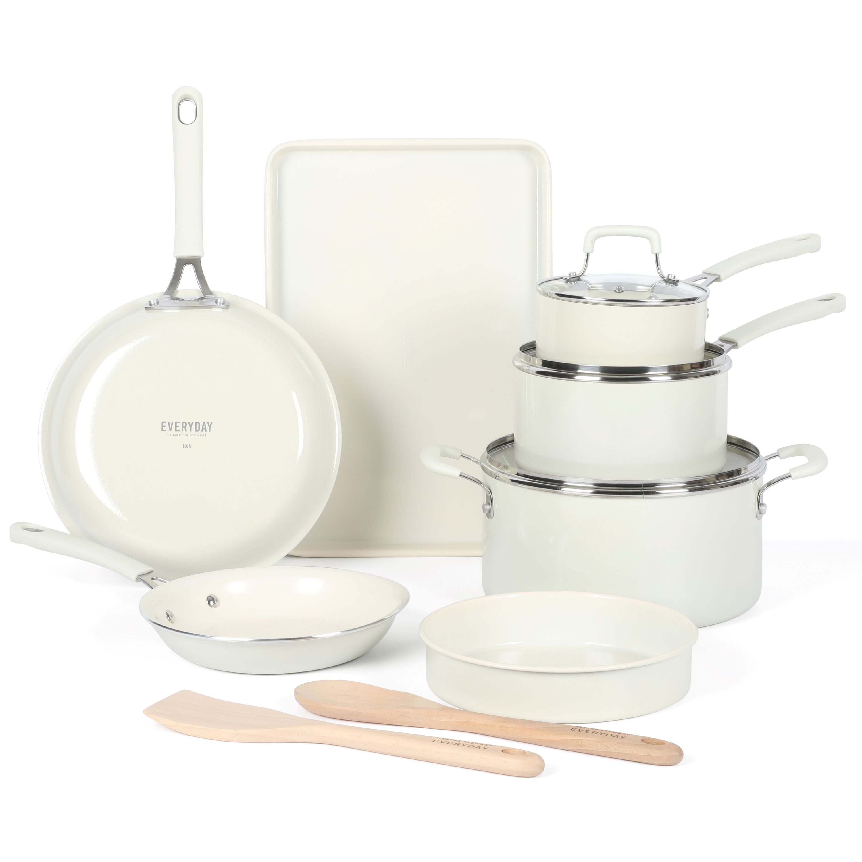 Martha Stewart Lockton Premium Nonstick PFA Free Ceramic Interior 10 Piece  Heavy Gauge Enamel Aluminum Pots and Pans Cookware Set - Linen White w/Gold  Handle - Yahoo Shopping