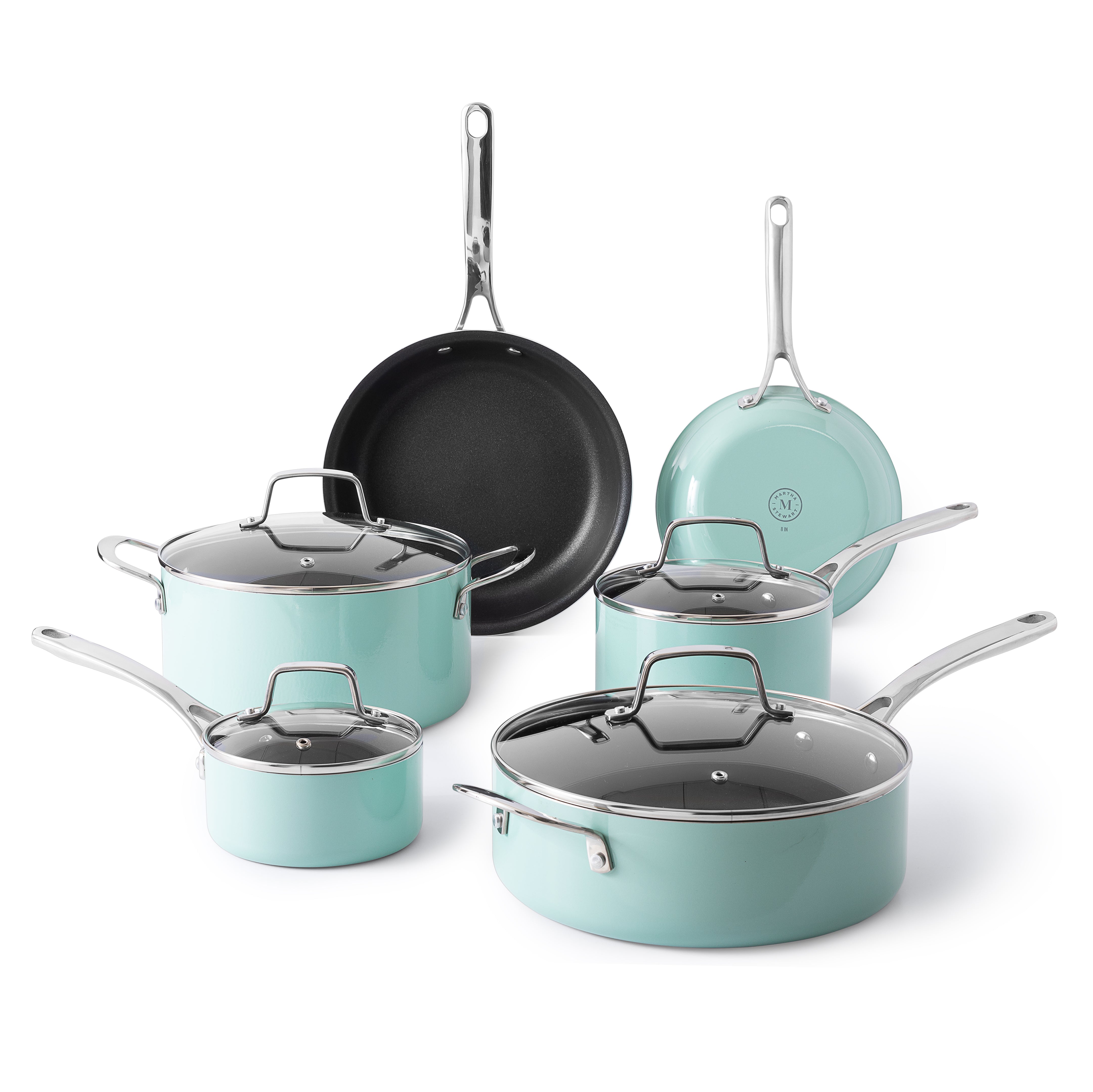 Gibson Home Plaza Café Forged Aluminum Healthy PFA-Free Ceramic Pots and  Pans Cookware Set, 7-Piece Set, Mint Green