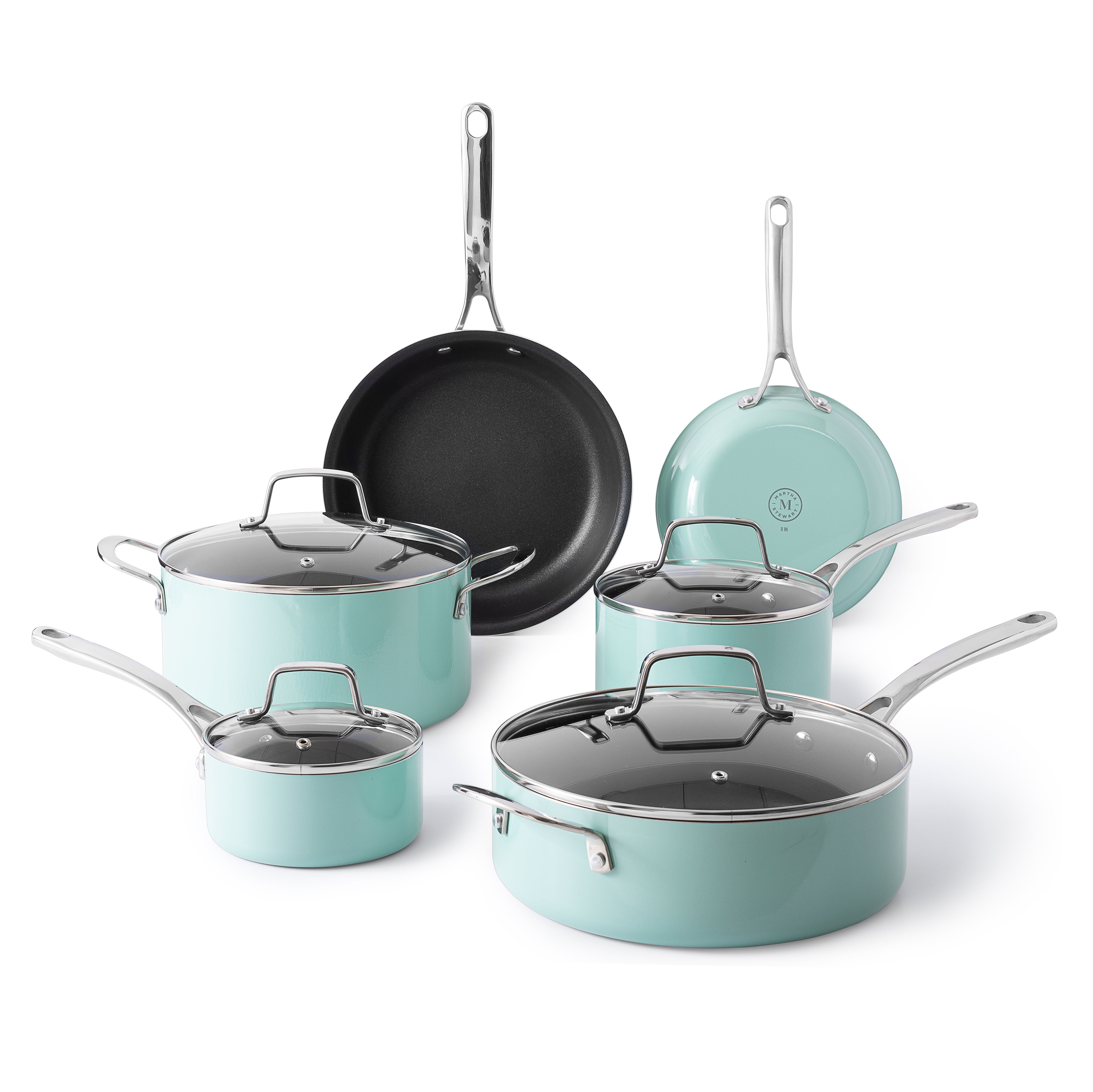 Kenmore Elite Cyrus 10-Piece Forged Aluminum Blue Diamond Ceramic Interior Cookware Set w/ Kitchen Tools, Induction Base, & Cast Handles