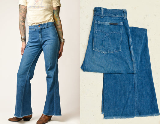 1970s Faded Glory Bell Bottoms High Waisted Belted Wide Leg Jeans 27 x 32