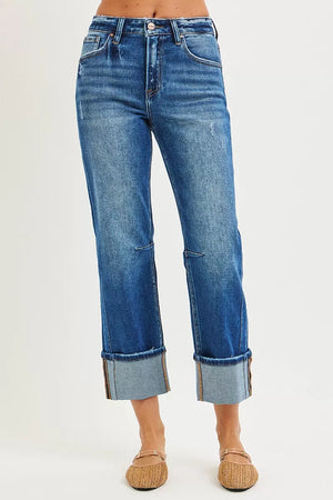 RISEN High Rise Straight Jeans with Distressed Hem - White Orchid Boutique