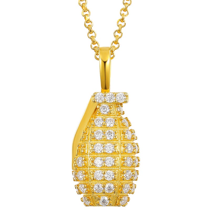 Gold Iced Out Pure Silver - VVS Moissanite Grenade Charm Pendant Necklace
