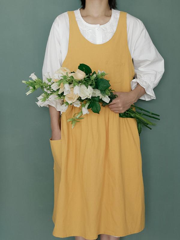 Cotton and linen solid color vest dress pleated apron apron flower shop coffee shop overalls