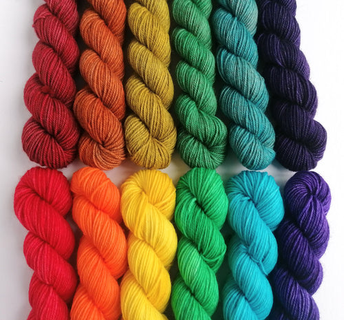 Unicorn Pastel Rainbow mini yarn set of 6 solid colored mini skeins - Hand  dyed gradient sparkle fingering weight yarn