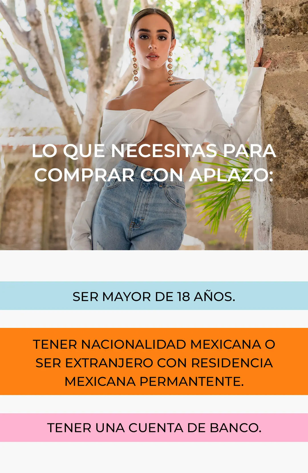 Stylish woman with text about purchase requirements in Spanish.