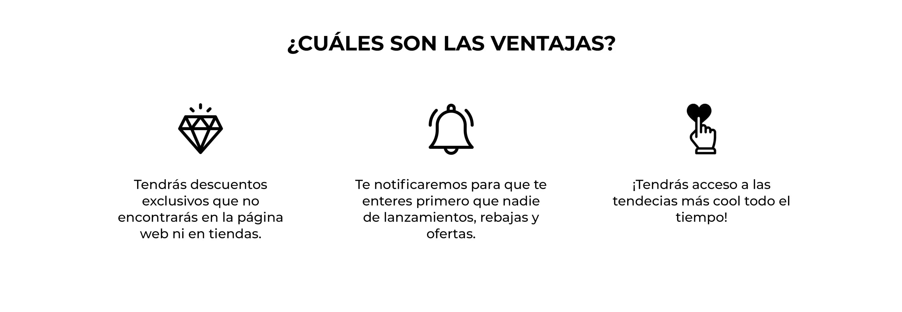 Graphic with text in Spanish and icons representing discounts, notifications, and trendy access benefits.