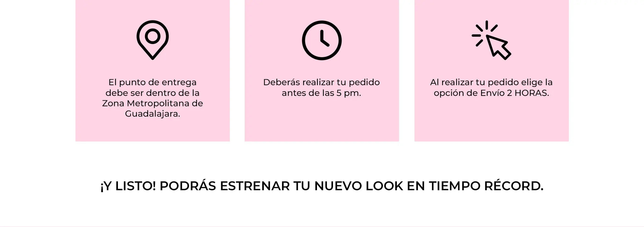 A graphic with three pink panels displaying delivery information icons and Spanish text.