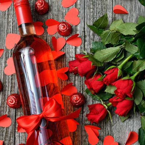 Red Roses and Hearts with Wine Bottle