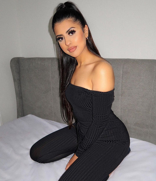 Black Ribbed Bardot Jumpsuit