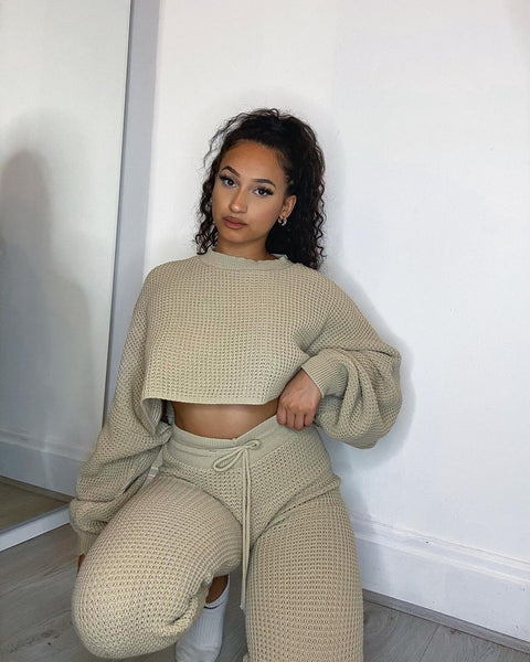 Beige Waffle Knit Crop And Joggers Co-Ord