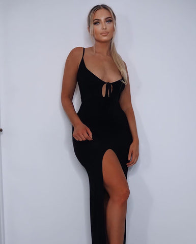 Black Tie Front Split Maxi Dress