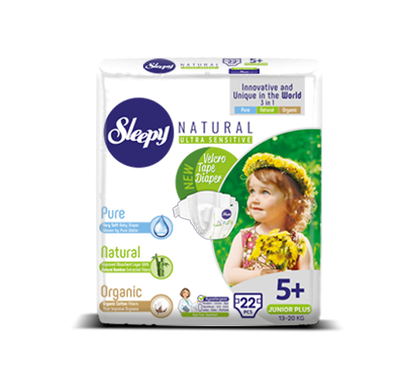 Sleepy Natural Junior Plus Baby Nappy , Size 5+, 13-20kg, 22pcs - All in One Store
