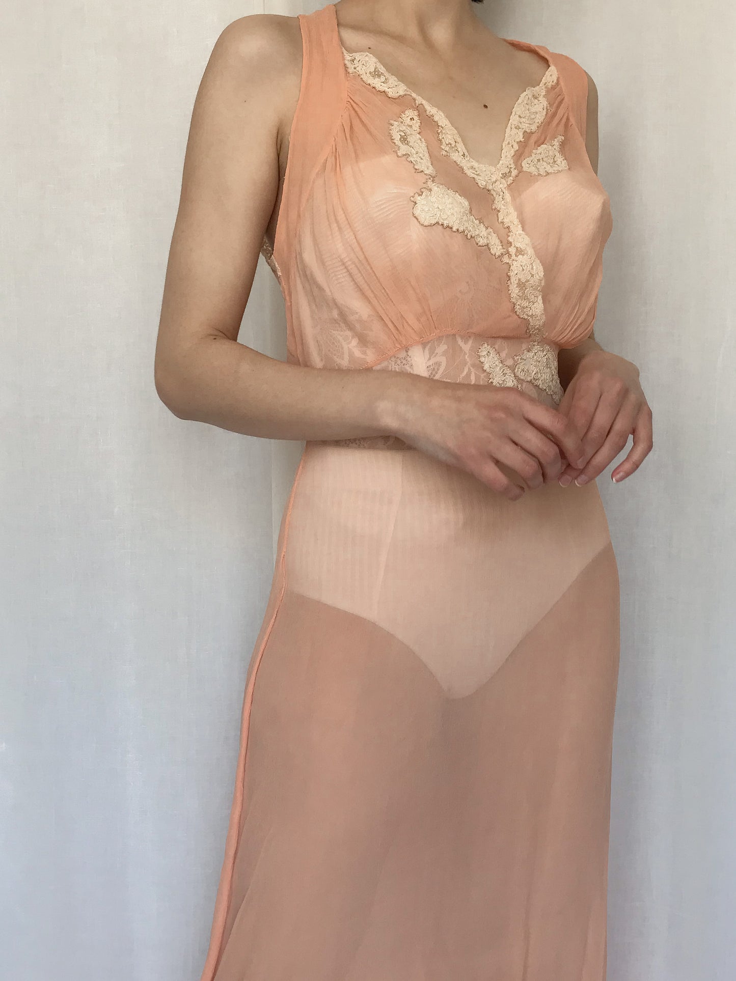 1930s Silk Crepe Sheer Coral Lace Gown