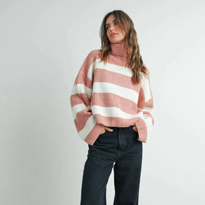 Striped Turtleneck Pullover Sweater - Blue/Mauve - Modern Pastime