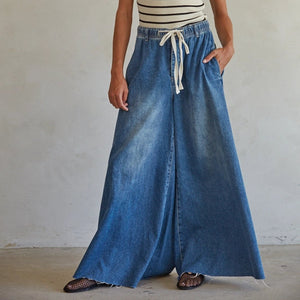Denim Drawstring Waist Band Wide Leg Pants - Modern Pastime