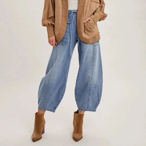 Denim Mid-Waist Drawstrings Barrel Jeans - Modern Pastime