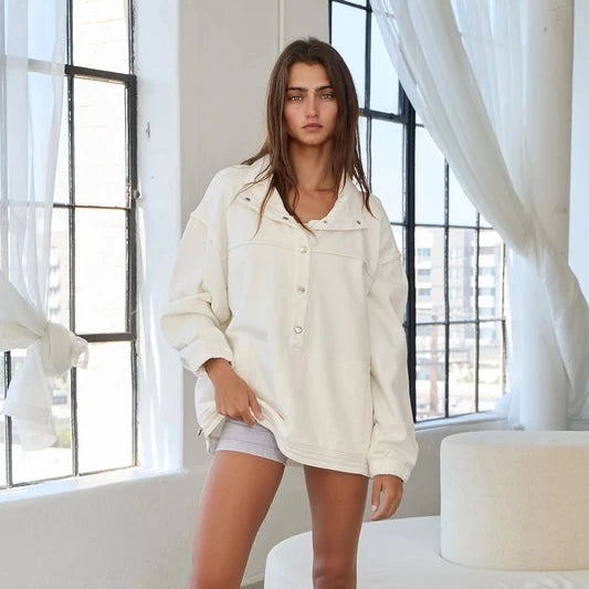 Snap-Button Front Oversized Solid Woven Pullover