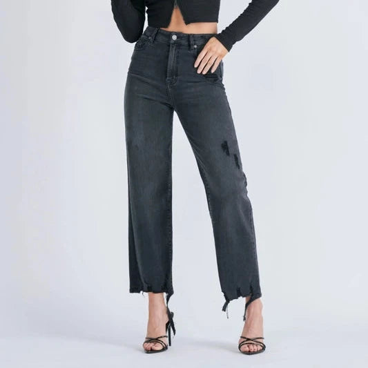 Black Grinded Destroyed Hem Relaxed Straight Jean