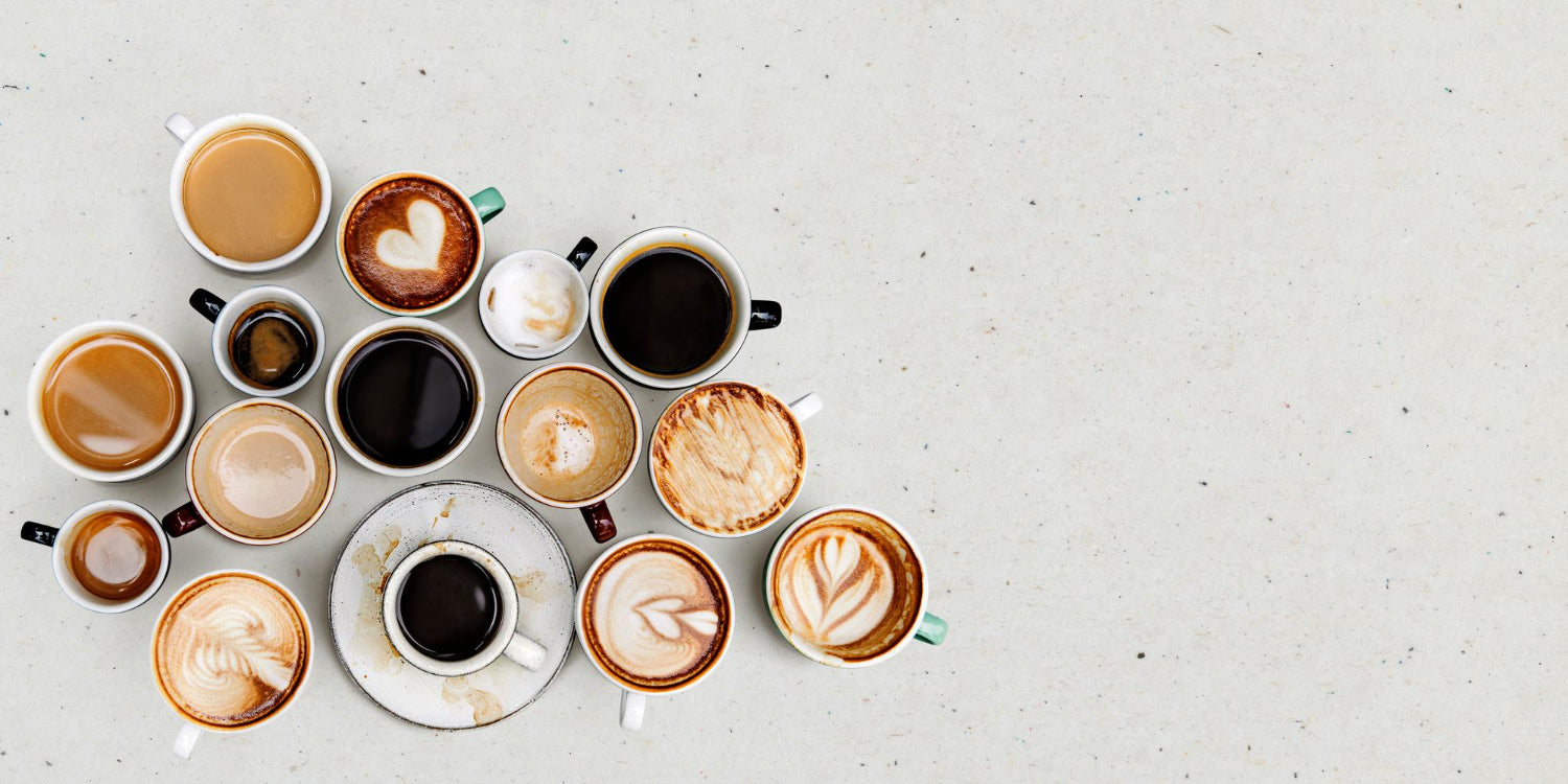 Assortment of coffees: Flat White, Black coffee, Latte, Espresso