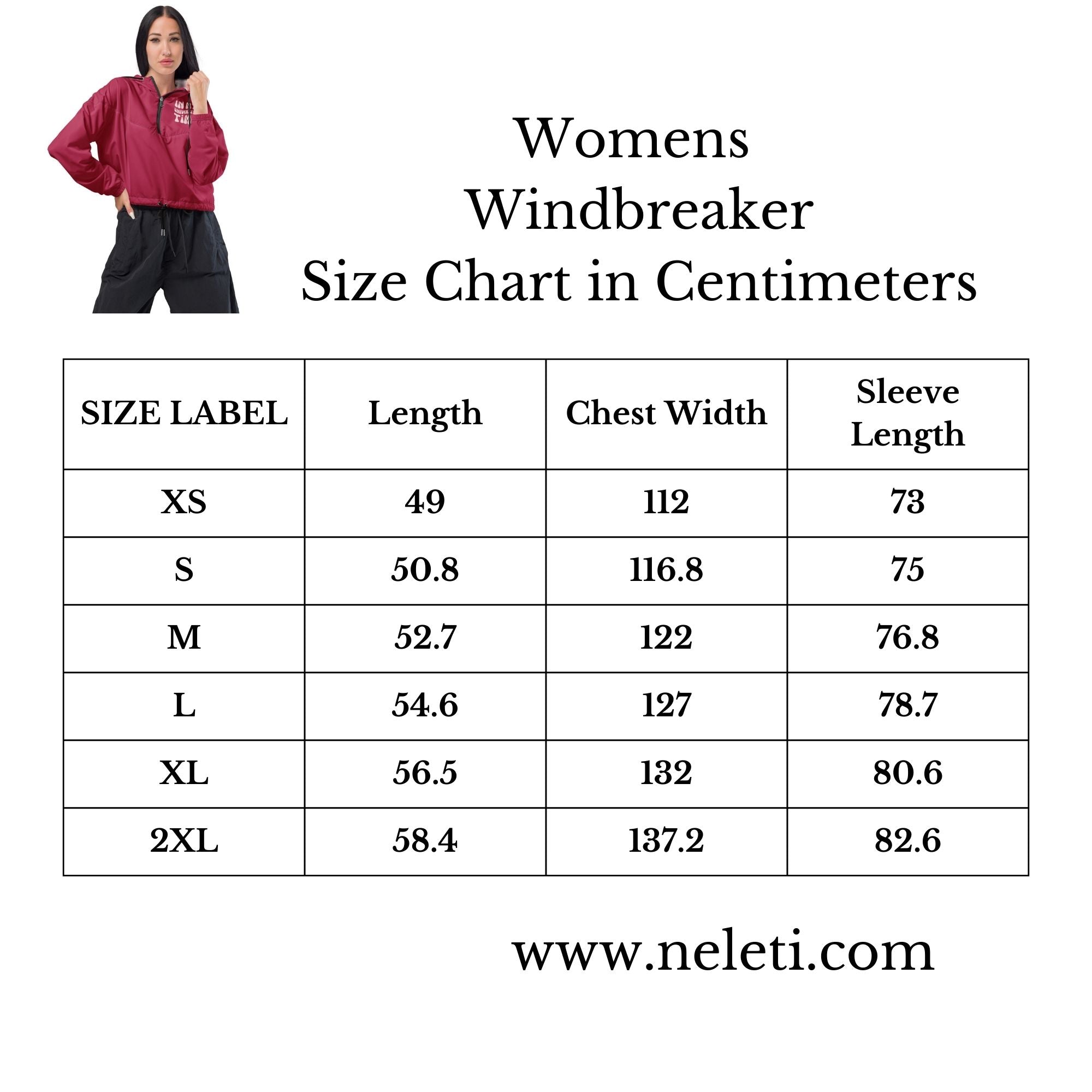 Women’s Windbreaker Size Chart in Centimeters