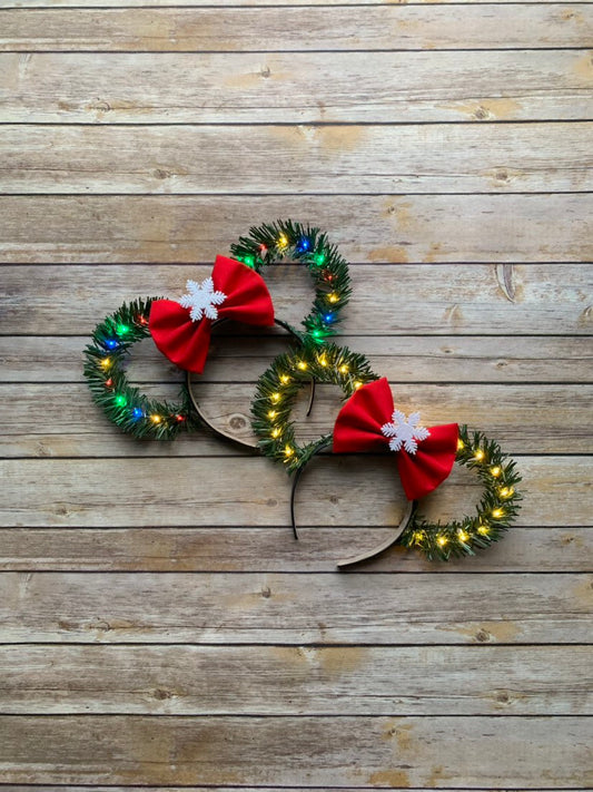 Ready To Ship!/ Christmas Disney Ears With Solid Red Bow/ Wreath Ears/ Holiday Minnie Ears/ Christmas Tree Ears/ Light Up Disney Ears - ShimmeringShelbys