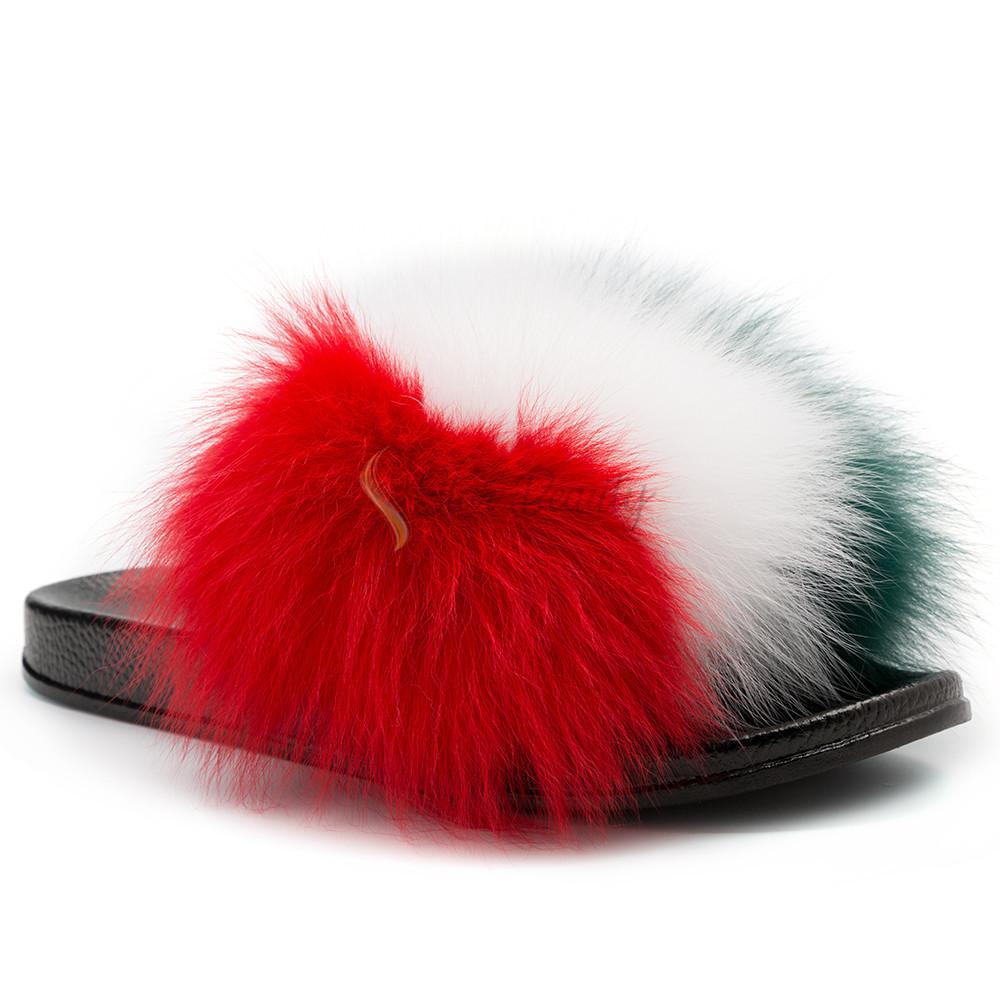 Blue Red Mix Luxury Fox Fur Slides CoccoUSA