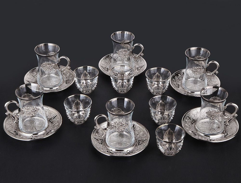 18 pieces Authentic Turkish Tea Cups And Saucers Set For Six Person