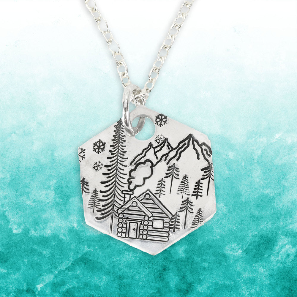 Metal Stamped Tahoe Log Cabin Necklace Pendant.