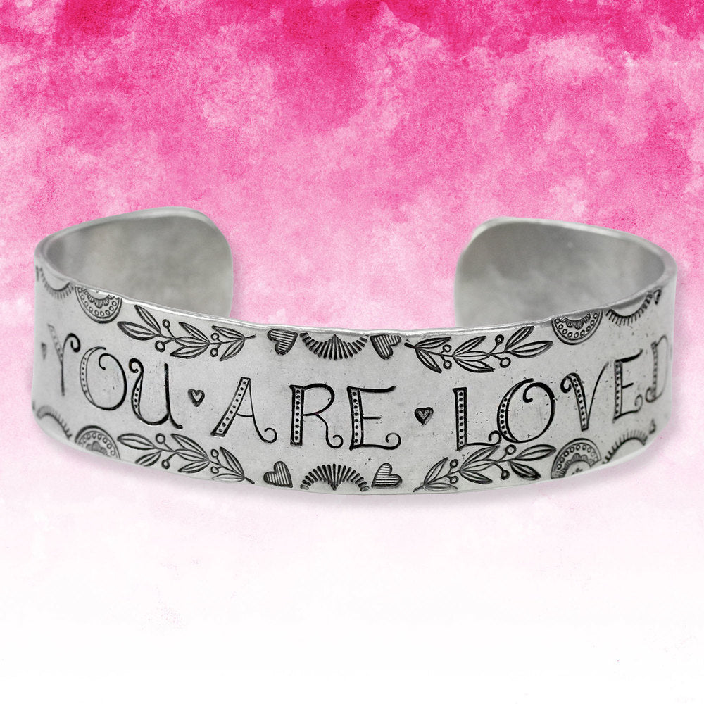 Metal Stamped You Are Loved Cuff Bracelet.