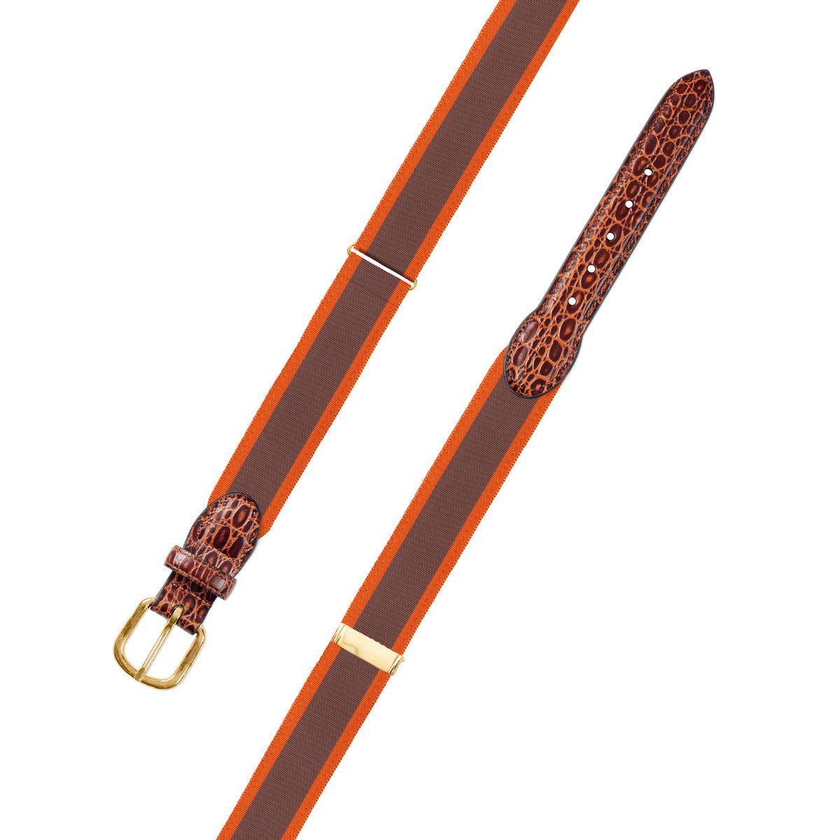 Adjustable Brown &amp; Orange Grosgrain Belt with Embossed Calf Tabs