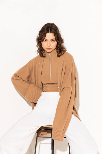 CAMEL CASHMERE-MERINO WOOL CARDIGAN AND CROP TOP SET for lovers and trees 