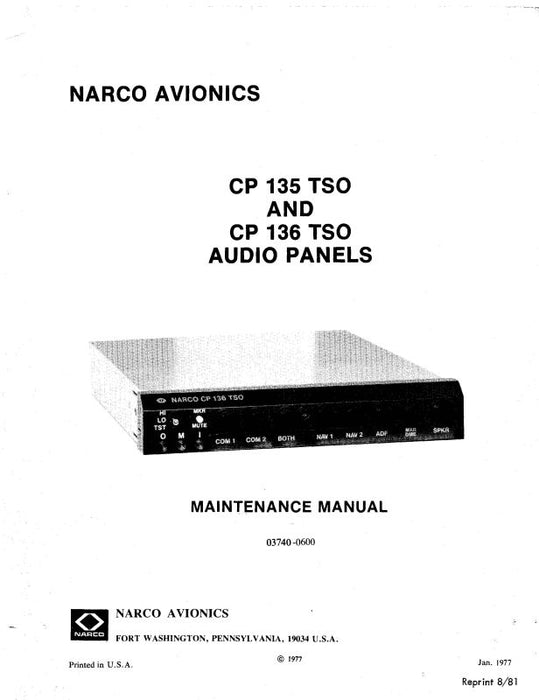Narco Cp 135 136 Tso Audio Panels Maintenance Manual 0600 Essco Aircraft