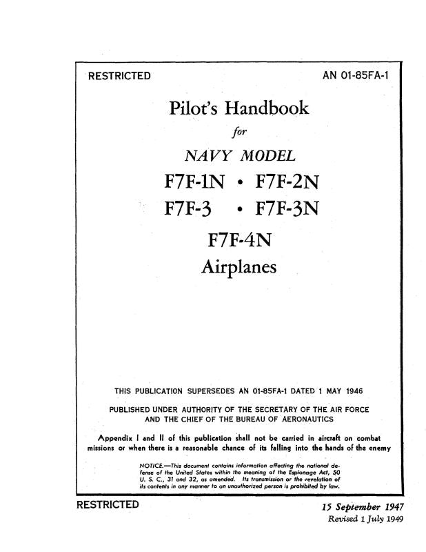 Grumman F7f 1n 2n 3 3n 4n 1947 Pilots Handbook 01 85fa 1 — Essco