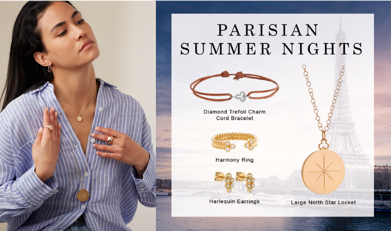 model in a curated Parisian look with 18k gold jewelry