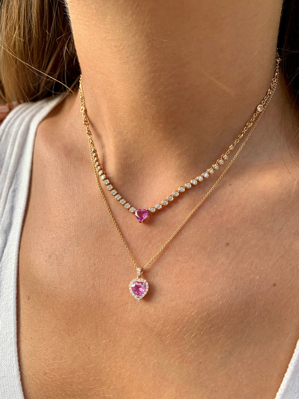 Pink Sapphire Heart on Bezel Diamond Necklace 18K Gold | The Private Room Jewelry