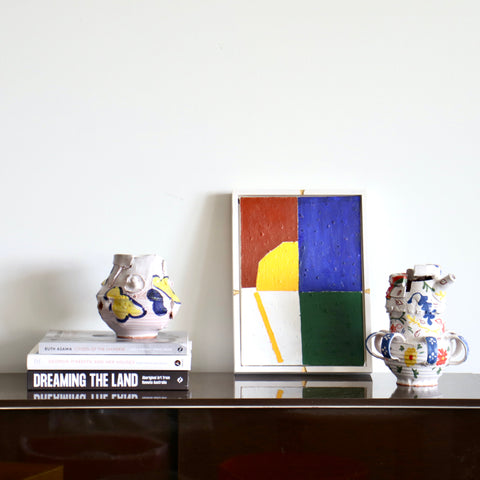 Elin Hughes Modern Vase and Pentref Jug with abstract painting and books