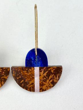 Brown and Blue Natural Stone Mosaic Drop Earrings close up