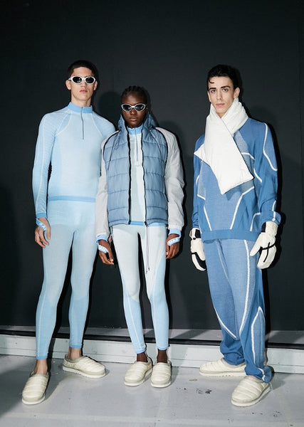 Saul Nash served ski couture in an ice blue tracksuit with Ugg boots, matching white gloves and scarf – an elevated version of a future winter classic.