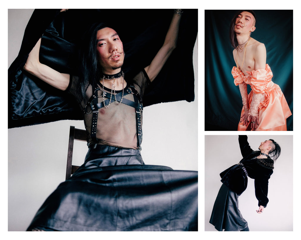 Jimmy Phung models dresses and skirts with accessories