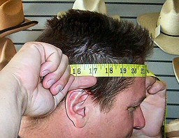 Take the measurement about one inch above your ears without tightening the tape, as shown below.