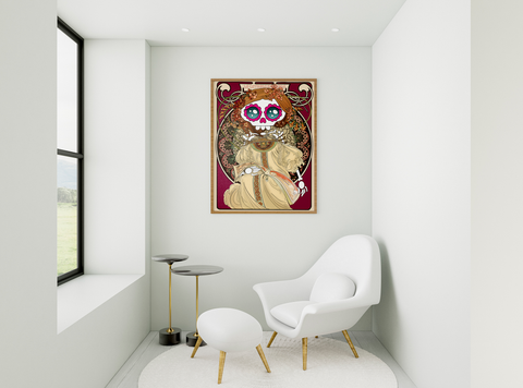 Decoración de interiores arte impresa en panel Alphonse Mucha Reverie La Catrina Bohemia 