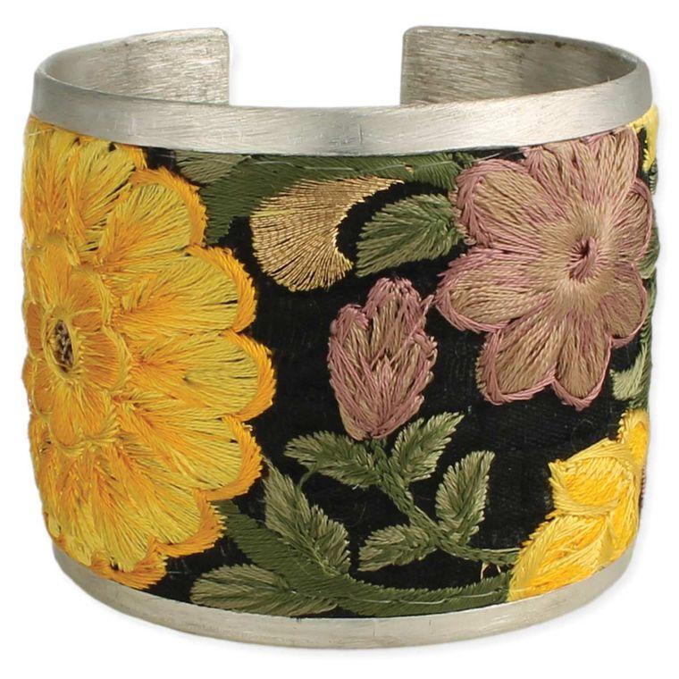 Yellow Flower Embroidered Elegance Cuff Bracelet