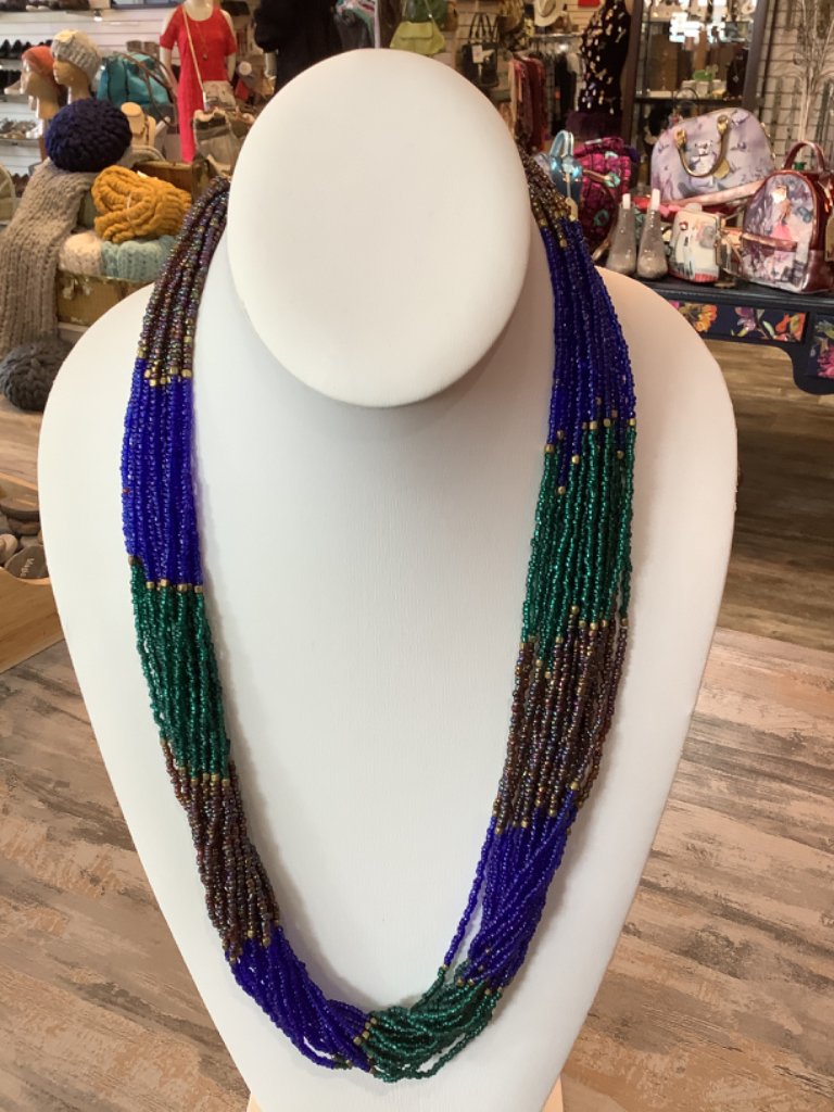 Multi Strand Peacock Colored Seed Bead Necklace