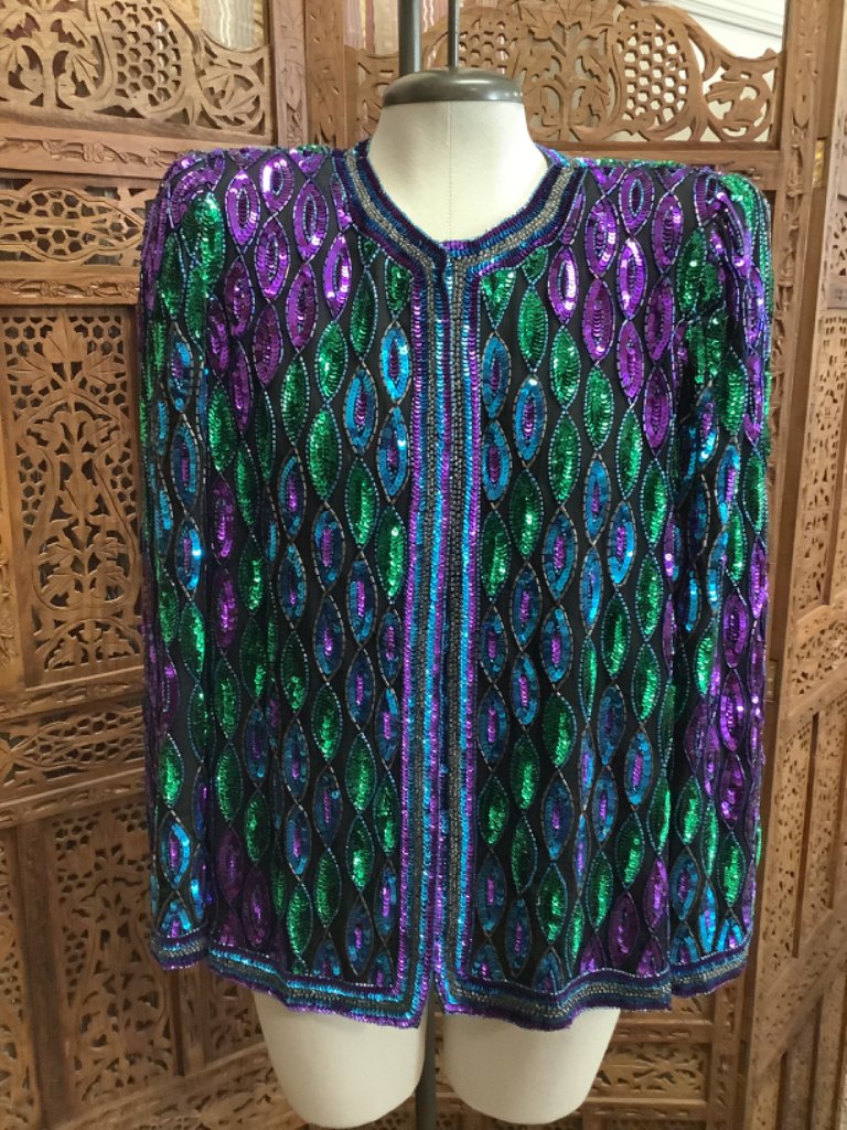 1980鈥檚 Laurence Kazar New York Sequined Peacock colors Evening Jacket Sz Medium