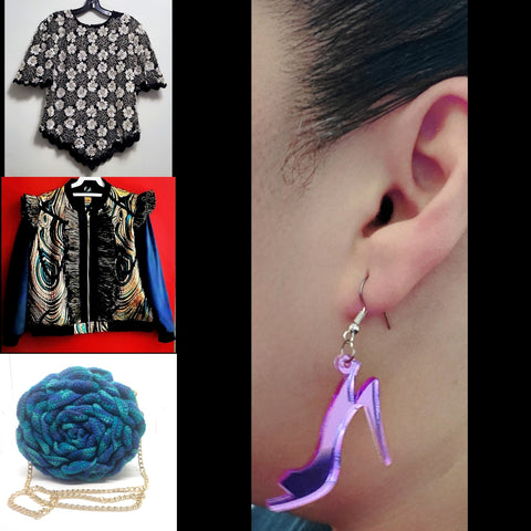 Collage pic of shoe earring on model, black and white sequin top, green and gold bomber jacket with ruffle accents, and 3D floral crossbody purse