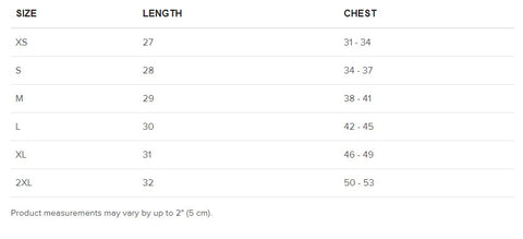 T SHIRT SIZE CHART INCHES