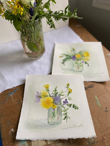 watercolour floral bouquet of violets and dandelions by Wendy Millard