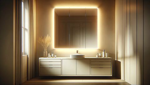 square mirror with LED backlighting. The mirror is mounted on a bathroom wall with a warm color palette