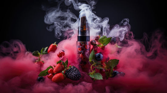 Vape device in front of color smoke.